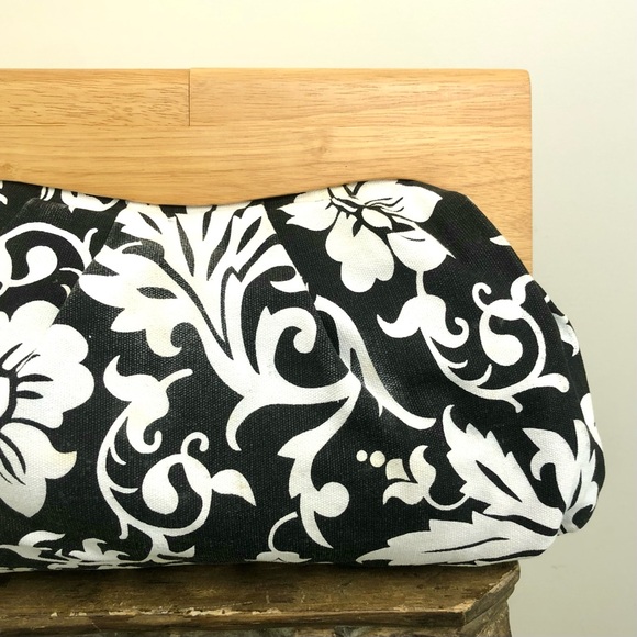 Floral Large Clutch Wooden Hand Bag Black White Summer Spring 100% Cotton Chic - Picture 16 of 16